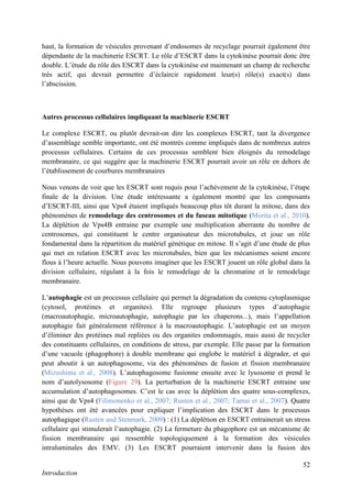 52
Introduction
haut, la formation de vésicules provenant d’endosomes de recyclage pourrait également être
dépendante de la machinerie ESCRT. Le rôle d’ESCRT dans la cytokinèse pourrait donc être
double. L’étude du rôle des ESCRT dans la cytokinèse est maintenant un champ de recherche
très actif, qui devrait permettre d’éclaircir rapidement leur(s) rôle(s) exact(s) dans
l’abscission.
Autres processus cellulaires impliquant la machinerie ESCRT
Le complexe ESCRT, ou plutôt devrait-on dire les complexes ESCRT, tant la divergence
d’assemblage semble importante, ont été montrés comme impliqués dans de nombreux autres
processus cellulaires. Certains de ces processus semblent bien éloignés du remodelage
membranaire, ce qui suggère que la machinerie ESCRT pourrait avoir un rôle en dehors de
l’établissement de courbures membranaires
Nous venons de voir que les ESCRT sont requis pour l’achèvement de la cytokinèse, l’étape
finale de la division. Une étude intéressante a également montré que les composants
d’ESCRT-III, ainsi que Vps4 étaient impliqués beaucoup plus tôt durant la mitose, dans des
phénomènes de remodelage des centrosomes et du fuseau mitotique (Morita et al., 2010).
La déplétion de Vps4B entraine par exemple une multiplication aberrante du nombre de
centrosomes, qui constituent le centre organisateur des microtubules, et joue un rôle
fondamental dans la répartition du matériel génétique en mitose. Il s’agit d’une étude de plus
qui met en relation ESCRT avec les microtubules, bien que les mécanismes soient encore
flous à l’heure actuelle. Nous pouvons imaginer que les ESCRT jouent un rôle global dans la
division cellulaire, régulant à la fois le remodelage de la chromatine et le remodelage
membranaire.
L’autophagie est un processus cellulaire qui permet la dégradation du contenu cytoplasmique
(cytosol, protéines et organites). Elle regroupe plusieurs types d’autophagie
(macroautophagie, microautophagie, autophagie par les chaperons...), mais l’appellation
autophagie fait généralement référence à la macroautophagie. L’autophagie est un moyen
d’éliminer des protéines mal repliées ou des organites endommagés, mais aussi de recycler
des constituants cellulaires, en conditions de stress, par exemple. Elle passe par la formation
d’une vacuole (phagophore) à double membrane qui englobe le matériel à dégrader, et qui
peut aboutir à un autophagosome, via des phénomènes de fusion et fission membranaire
(Mizushima et al., 2008). L’autophagosome fusionne ensuite avec le lysosome et prend le
nom d’autolysosome (Figure 29). La perturbation de la machinerie ESCRT entraine une
accumulation d’autophagosomes. C’est le cas avec la déplétion des quatre sous-complexes,
ainsi que de Vps4 (Filimonenko et al., 2007; Rusten et al., 2007; Tamai et al., 2007). Quatre
hypothèses ont été avancées pour expliquer l’implication des ESCRT dans le processus
autophagique (Rusten and Stenmark, 2009) : (1) La déplétion en ESCRT entrainerait un stress
cellulaire qui stimulerait l’autophagie. (2) La fermeture du phagophore est un mécanisme de
fission membranaire qui ressemble topologiquement à la formation des vésicules
intraluminales des EMV. (3) Les ESCRT pourraient intervenir dans la fusion des
 