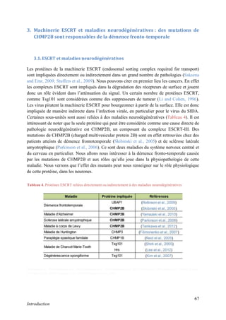 67
Introduction
3. Machinerie ESCRT et maladies neurodégénératives : des mutations de
CHMP2B sont responsables de la démence fronto-temporale
3.1. ESCRT et maladies neurodégénératives
Les protéines de la machinerie ESCRT (endosomal sorting complex required for transport)
sont impliquées directement ou indirectement dans un grand nombre de pathologies (Saksena
and Emr, 2009; Stuffers et al., 2009). Nous pouvons citer en premier lieu les cancers. En effet
les complexes ESCRT sont impliqués dans la dégradation des récepteurs de surface et jouent
donc un rôle évident dans l’atténuation du signal. Un certain nombre de protéines ESCRT,
comme Tsg101 sont considérées comme des suppresseurs de tumeur (Li and Cohen, 1996).
Les virus piratent la machinerie ESCRT pour bourgeonner à partir de la surface. Elle est donc
impliquée de manière indirecte dans l’infection virale, en particulier pour le virus du SIDA.
Certaines sous-unités sont aussi reliées à des maladies neurodégénératives (Tableau 4). Il est
intéressant de noter que la seule protéine qui peut être considérée comme une cause directe de
pathologie neurodégénérative est CHMP2B, un composant du complexe ESCRT-III. Des
mutations de CHMP2B (charged multivesicular protein 2B) sont en effet retrouvées chez des
patients atteints de démence frontotemporale (Skibinski et al., 2005) et de sclérose latérale
amyotrophique (Parkinson et al., 2006). Ce sont deux maladies du système nerveux central et
du cerveau en particulier. Nous allons nous intéresser à la démence fronto-temporale causée
par les mutations de CHMP2B et aux rôles qu’elle joue dans la physiopathologie de cette
maladie. Nous verrons que l’effet des mutants peut nous renseigner sur le rôle physiologique
de cette protéine, dans les neurones.
(Rollinson et al., 2009)(Skibinski et al., 2005)(Parkinson et al., 2006)(Tanikawa et al., 2012) (Kim et al., 2007)(Shirk et al., 2005)(Lee et al.,
2012)(Reid et al., 2005)(Yamazaki et al., 2010)(Filimonenko et al., 2007)
Tableau 4. Protéines ESCRT reliées directement ou indirectement à des maladies neurodégénératives
 