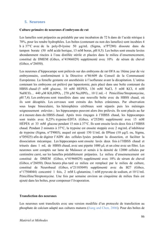 86
Matériel et Méthodes
5. Neurones
Culture primaire de neurones d’embryons de rat
Les lamelles sont préparées au préalable par une incubation de 72 h dans de l’acide nitrique à
70%, pour les rendre hydrophiles. Les boîtes (contenant ou non des lamelles) sont incubées 4
h à 37°C avec de la poly-D-lysine 50 µg/mL (Sigma, n°P7280) dissoute dans du
tampon borate (50 mM acide borique, 13 mM borax, pH 8,5). Les boîtes sont ensuite lavées
abondamment rincées à l’eau distillée stérile et placées dans le milieu d’ensemencement,
constitué de DMEM (Gibco, n°41966029) supplémenté avec 10% de sérum de cheval
(Gibco, n°26050).
Les neurones d’hippocampe sont prélevés sur des embryons de rat OFA au 18ème jour de vie
embryonnaire, conformément à la Directive n°86/609 du Conseil de la Communauté
Européenne. La femelle gestante est anesthésiée à l’isoflurane avant la décapitation. L’utérus
contenant les embryons est prélevé par laparotomie, puis placé dans une boîte contenant du
HBSS chaud (5 mM glucose, 10 mM HEPES, 136 mM NaCl, 5 mM KCl, 4 mM
NaHCO3 , 440 µM KH2HPO4 , 270 µM Na2HPO4 , 10 U.mL -1 Pénicilline/Streptomycine,
pH 7,4). Les embryons sont transférés dans une nouvelle boîte avec du HBSS chaud, où
ils sont décapités. Les cerveaux sont extraits des boîtes crâniennes. Par observation
sous loupe binoculaire, les hémisphères cérébraux sont séparés puis les méninges
soigneusement enlevées ; les hippocampes peuvent alors être prélevés. Ils sont placés au fur
et à mesure dans du HBSS chaud. Après trois rinçages à l’HBSS chaud, les hippocampes
sont traités avec 0,25% trypsine-EDTA (Gibco, n°25200) supplémenté avec 15 mM
HÉPÈS et 33 mM glucose pendant 15 min à 37°C. Ils sont ensuite lavés deux fois à l’HBSS
chaud. Pendant 2 minutes à 37°C, la trypsine est ensuite stoppée avec 2 mg/mL d’inhibiteur
de trypsine (Sigma, n°T9003), auquel est ajouté 150 U/mL de DNase (10 µg/L ou, Sigma,
n°D5025) afin de digérer l’ADN des cellules lysées pendant la dissection, et faciliter la
dissociation mécanique. Les hippocampes sont ensuite lavés deux fois à l’HBSS chaud et
triturés dans 1 mL de HBSS chaud, avec une pipette 1000 µL et un cône avec un filtre. Les
neurones sont comptés sur lame de Malassez et semés à la densité de 12000 cellules par
centimètre carré, sur les lamelles préalablement préparées. Le milieu d’ensemencement est
constitué de DMEM (Gibco, n°41966029) supplémenté avec 10% de sérum de cheval
(Gibco, n°26050). Deux heures plus tard ce milieu est remplacé par le milieu de culture,
constitué de Neurobasal (Gibco, n°21103049) supplémenté avec du B27 (Gibco,
n°17504044) concentré 1 fois, 2 mM L-glutamine, 1 mM pyruvate de sodium, et 10 U/mL
Pénicilline/Streptomycine. Une fois par semaine environ un cinquième de milieu frais est
ajouté dans les boîtes, pour compenser l’évaporation.
Transfection des neurones
Les neurones sont transfectés avec une version modifiée d’un protocole de transfection au
phosphate de calcium adapté aux cultures matures (Jiang and Chen, 2006). Pour des boîtes de
 