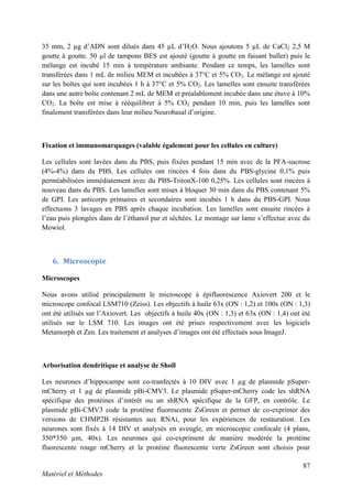 87
Matériel et Méthodes
35 mm, 2 µg d’ADN sont dilués dans 45 µL d’H2O. Nous ajoutons 5 µL de CaCl2 2,5 M
goutte à goutte. 50 µl de tampons BES est ajouté (goutte à goutte en faisant buller) puis le
mélange est incubé 15 min à température ambiante. Pendant ce temps, les lamelles sont
transférées dans 1 mL de milieu MEM et incubées à 37°C et 5% CO2. Le mélange est ajouté
sur les boîtes qui sont incubées 1 h à 37°C et 5% CO2. Les lamelles sont ensuite transférées
dans une autre boîte contenant 2 mL de MEM et préalablement incubée dans une étuve à 10%
CO2. La boîte est mise à rééquilibrer á 5% CO2 pendant 10 min, puis les lamelles sont
finalement transférées dans leur milieu Neurobasal d’origine.
Fixation et immunomarquages (valable également pour les cellules en culture)
Les cellules sont lavées dans du PBS, puis fixées pendant 15 min avec de la PFA-sucrose
(4%-4%) dans du PBS. Les cellules ont rincées 4 fois dans du PBS-glycine 0,1% puis
perméabilisées immédiatement avec du PBS-TritonX-100 0,25%. Les cellules sont rincées à
nouveau dans du PBS. Les lamelles sont mises à bloquer 30 min dans du PBS contenant 5%
de GPI. Les anticorps primaires et secondaires sont incubés 1 h dans du PBS-GPI. Nous
effectuons 3 lavages en PBS après chaque incubation. Les lamelles sont ensuite rincées à
l’eau puis plongées dans de l’éthanol pur et séchées. Le montage sur lame s’effectue avec du
Mowiol.
6. Microscopie
Microscopes
Nous avons utilisé principalement le microscope à épifluorescence Axiovert 200 et le
microscope confocal LSM710 (Zeiss). Les objectifs à huile 63x (ON : 1,2) et 100x (ON : 1,3)
ont été utilisés sur l’Axiovert. Les objectifs à huile 40x (ON : 1,3) et 63x (ON : 1,4) ont été
utilisés sur le LSM 710. Les images ont été prises respectivement avec les logiciels
Metamorph et Zen. Les traitement et analyses d’images ont été effectués sous ImageJ.
Arborisation dendritique et analyse de Sholl
Les neurones d’hippocampe sont co-tranfectés à 10 DIV avec 1 µg de plasmide pSuper-
mCherry et 1 µg de plasmide pBi-CMV3. Le plasmide pSuper-mCherry code les shRNA
spécifique des protéines d’intérêt ou un shRNA spécifique de la GFP, en contrôle. Le
plasmide pBi-CMV3 code la protéine fluorescente ZsGreen et permet de co-exprimer des
versions de CHMP2B résistantes aux RNAi, pour les expériences de restauration. Les
neurones sont fixés à 14 DIV et analysés en aveugle, en microscopie confocale (4 plans,
350*350 µm, 40x). Les neurones qui co-expriment de manière modérée la protéine
fluorescente rouge mCherry et la protéine fluorescente verte ZsGreen sont choisis pour
 
