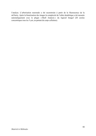 88
Matériel et Méthodes
l’analyse. L’arborisation neuronale a été reconstruite à partir de la fluorescence de la
mCherry. Après la binairisation des images la complexité de l’arbre dendritique a été mesurée
automatiquement avec le plugin « Sholl Analysis » du logiciel ImageJ (20 cercles
concentriques tous les 5 µm, en partant du corps cellulaire).
 