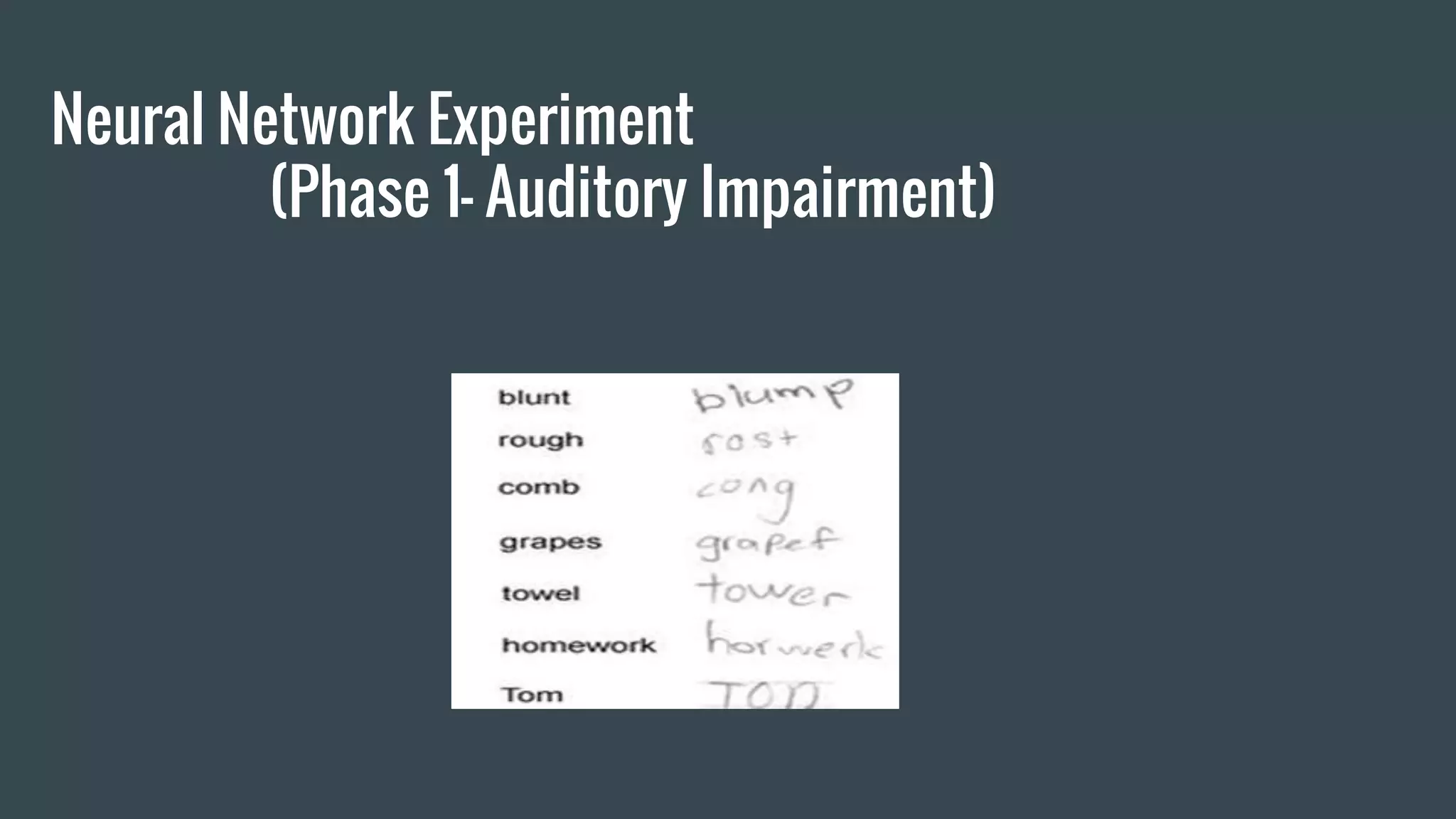 Neural Network Experiment
(Phase 1- Auditory Impairment)
 