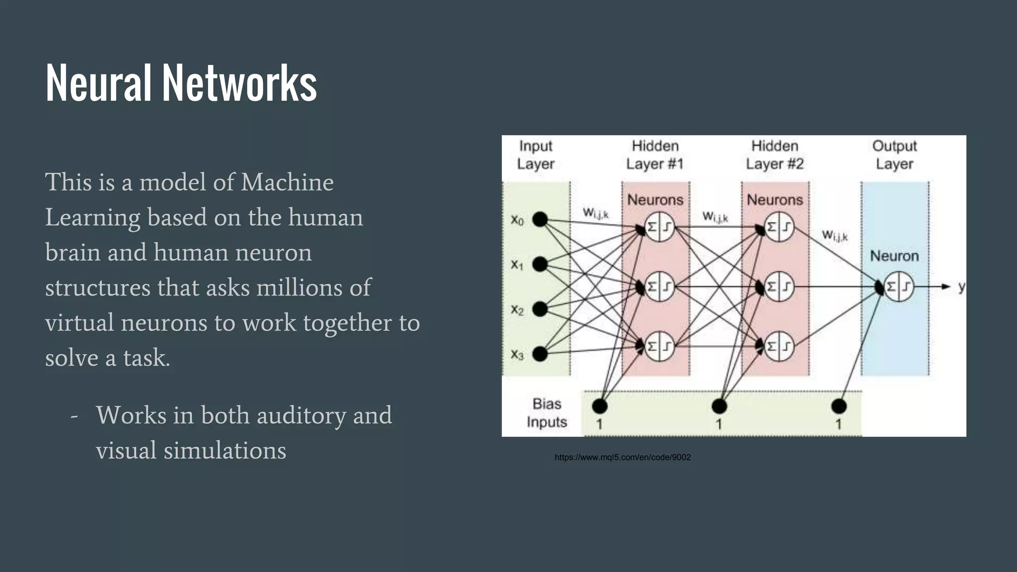 Neural Networks
This is a model of Machine
Learning based on the human
brain and human neuron
structures that asks millions of
virtual neurons to work together to
solve a task.
- Works in both auditory and
visual simulations https://www.mql5.com/en/code/9002
 