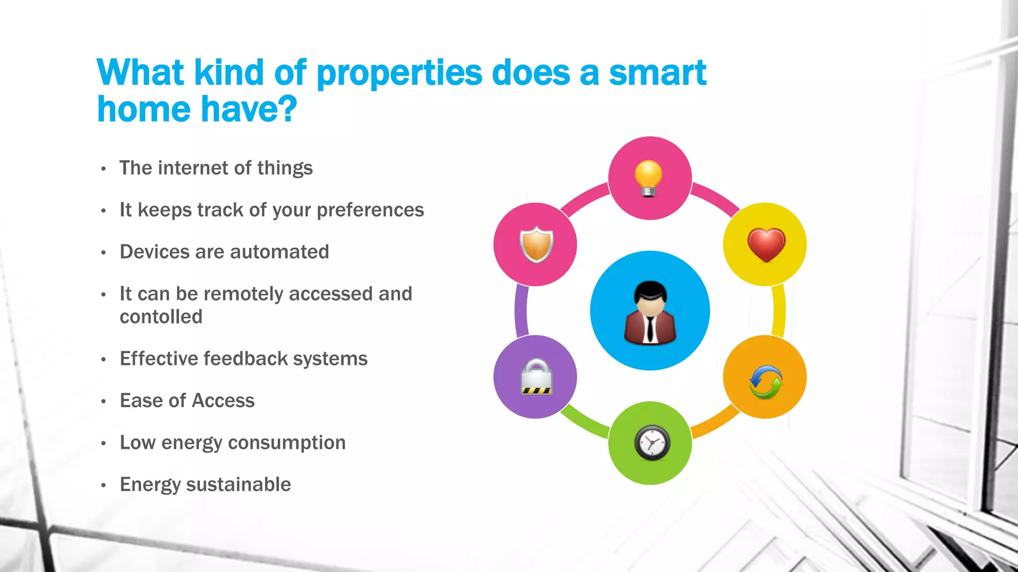 What kind of properties does a smart
home have?
• The internet of things
• It keeps track of your preferences
• Devices are automated
• It can be remotely accessed and
contolled
• Effective feedback systems
• Ease of Access
• Low energy consumption
• Energy sustainable
 