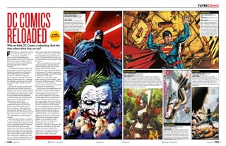 DCComics
ReloadedWhy we think DC Comics is rebooting. And why
their editors think they are not?
COMIC
F
HM strikes up a conversation with two
of the most illustrious names in the
comic universe – Bob Harras,
Editor-in-Chief and Eddie Berganza,
Executive Editor of DC Comics. They can’t
hide their excitement and tell us all (well,
almost) about the much-awaited relaunch
from their plush office in Midtown
Manhattan.
DC (Detective Comics) is home to the
largest number of superheroes. And even
though these characters are fictional, we
still consider them a part of the FHM
universe. From Batman to Superman,
Green Lantern to Catwoman, the Justice
League of America and more – made their
first appearance decades ago, but are still
the favourite caped crusaders of us here
in FHM.
So, when DC Comics was reaching the
1000th mark with both their Action and
Detective comics, the think-tank decided to
shake things up and give makeover. Starting
end of August, fans will be recipients of 52
#1 issues studded with fully redesigned
costumes and more current threats to the
heroes across the board, besides more
lethal powers to each of them.
Some ardent fans are going to be
disappointed though as the current list
doesn’t include Power Girl and Justice
Society of America. “We have plans for
every character and hero of DC Comics,
even Power Girl and JSA. But this is just the
beginning and we are not giving out much
info, so fans will have to wait and watch,”
says Bob.
Quiz them about whether it’s a relaunch
or a reboot and Eddie shoots back, “It is not
a reboot. We have all our stories intact. We
are just streamlining, that’s all. The stories
are moving forward, but the concept
remains true to form. We aren’t going back
to show the origin of these comic heroes,
which is what a reboot is.” Point noted. But
why a relaunch all of a sudden? “We have
been noticing what is happening for quite
some time and the changing attitude of the
younger generation has forced us to give
these comics a fresh take,” Bob elaborates.
Gotham city has become grittier. Joker,
the quintessential antagonist has become
nastier. And Superman will no longer sport
red trunks. We also hear he’s going to dump
his wife Lois.
All the 52-superheroes have been given
a fresh perspective. There are oodles of
modern changes brought about in every
characters life. “They are colourful,
younger, and more vivid and their attitude
is contemporary. For instance, Superman is
evolving and Supergirl – the spoilt teenager
is getting better.” Bob adds.
Before he can even pause to take a
breath, we throw our next question – what
new powers will Batman possess? “Well, this
is just the start. There are plenty of
surprises in store, which we cannot reveal at
the moment,” he cautiously says.
Dedicated fans will instantly relate to the
new issues. “They are somewhat similar to
the earlier issues, which our loyal readers
will immediately recognise. But not to
worry, the new readers won’t miss a thing
and will understand every integral part of
the story. We have woven the stories in
such a way that they will not get lost in the
plot,” Eddie reaffirms. During our chitchat,
they also hint that some of the forgotten
heroes and villains will make a comeback in
the new series. Who will they be, of course
remains a mystery as the duo refuse to
divulge any names. However, Eddie does
confirm that all the comics will release in
digital and print formats on the same day.
“We know how much people love their
gadgets, so we consciously took this
decision. Now they can either buy or
download the comic as per their
convenience.” One thing is for certain, BIG
changes are on their way in the DC camp
and even as some are writing it off as
nonsensical, we are eagerly waiting to see
what’s in store – especially for Suicide
Squad and Catwoman. Excited yet?
CATwoman
first appearance: Spring 1940
alter ego: Selina Kyle
new story: She’s addicted to Batman. And of
course to the night and shiny objects. Most of all,
Catwoman is addicted to danger. Her razor-sharp
retractable paws and athleticism will charm you to
shreds (literally). She’s good at being bad, and very
bad at being good. More dangerous things will be
revealed in the new series from writer Judd Winick.
BATMAN
first appearance: May 1939
alter ego: Bruce Wayne
new story: Acclaimed writer Scott Snyder
presents a new era for ‘the most dangerous man on
the earth’. A series of brutal killings hints at an ancient
conspiracy, and Batman learns that Gotham City is
deadlier than he knew. Loaded with umpteen crime
scenes, Batman #1 will be back with his startegies and
combat skills.
first appearance: April
1938
alter ego: Kal-El/Clark Joseph
Kent
new story: Written by George
Pèrez, this year the superhero will
appear without his red trunks. You
heard it right! What is The Man of
Steel’s new status quo? How does it
affect The Daily Planet? Is he finally
breaking up with Lois Lane? There
is no time to answer these questions
now, as the caped-hero must stop a
monstrous threat to Metropolis. A
threat, he himself is to blame for.
superman
first appearance: March 1937
Number of issues: 877 (plus
issues numbered 0 and 1,000,000,
and 12 annuals)
new story: DC’s flagship titles is
packed with new Batman adventures
penned down by acclaimed writer/artist
Tony S. Daniel. Relaunched for the first
time ever, a killer called The Gotham
Ripper is on the loose on Batman’s home
turf – leading The Dark Knight on a
deadly game of cat and mouse.
detective comics
SUICIDE SQAD
first appearance: January 1987
headquarters: Belle Reve Prison
new story: Also known as Task Force X, they’re a team of death-row
super villains recruited by the government to take on missions so dangerous –
they’re sheer suicide! But now with Harley Quinn, Deadshot and King Shark
defeated and imprisoned, are being interrogated about their mission and about
who’s pulling the strings behind their operation. The real question is: Who will
be the first to crack under the pressure? To prevent villains from escaping in the
field, they are shackled with an explosive bracelet that only allows them to
travel a certain distance from the field leader.
FHM
exclusive
38 August 2011 fhmindia.comfhmindia • fhmindia fhmindia.com 39August 2011fhmindia • fhmindia
 