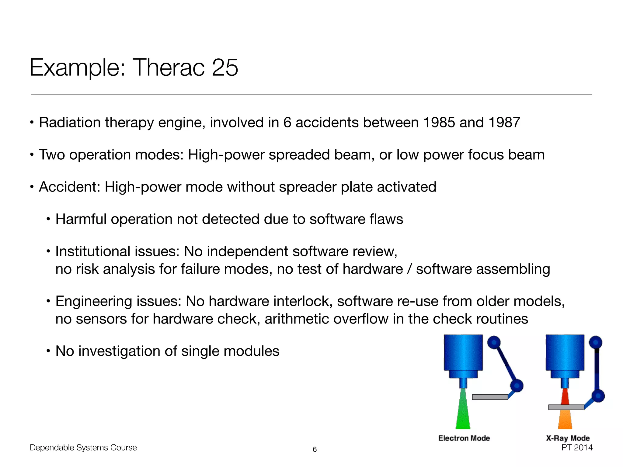 Dependable Systems Course PT 2014
Example: Therac 25
• Radiation therapy engine, involved in 6 accidents between 1985 and 1987

• Two operation modes: High-power spreaded beam, or low power focus beam

• Accident: High-power mode without spreader plate activated

• Harmful operation not detected due to software ﬂaws

• Institutional issues: No independent software review,  
no risk analysis for failure modes, no test of hardware / software assembling

• Engineering issues: No hardware interlock, software re-use from older models,  
no sensors for hardware check, arithmetic overﬂow in the check routines

• No investigation of single modules
6
 