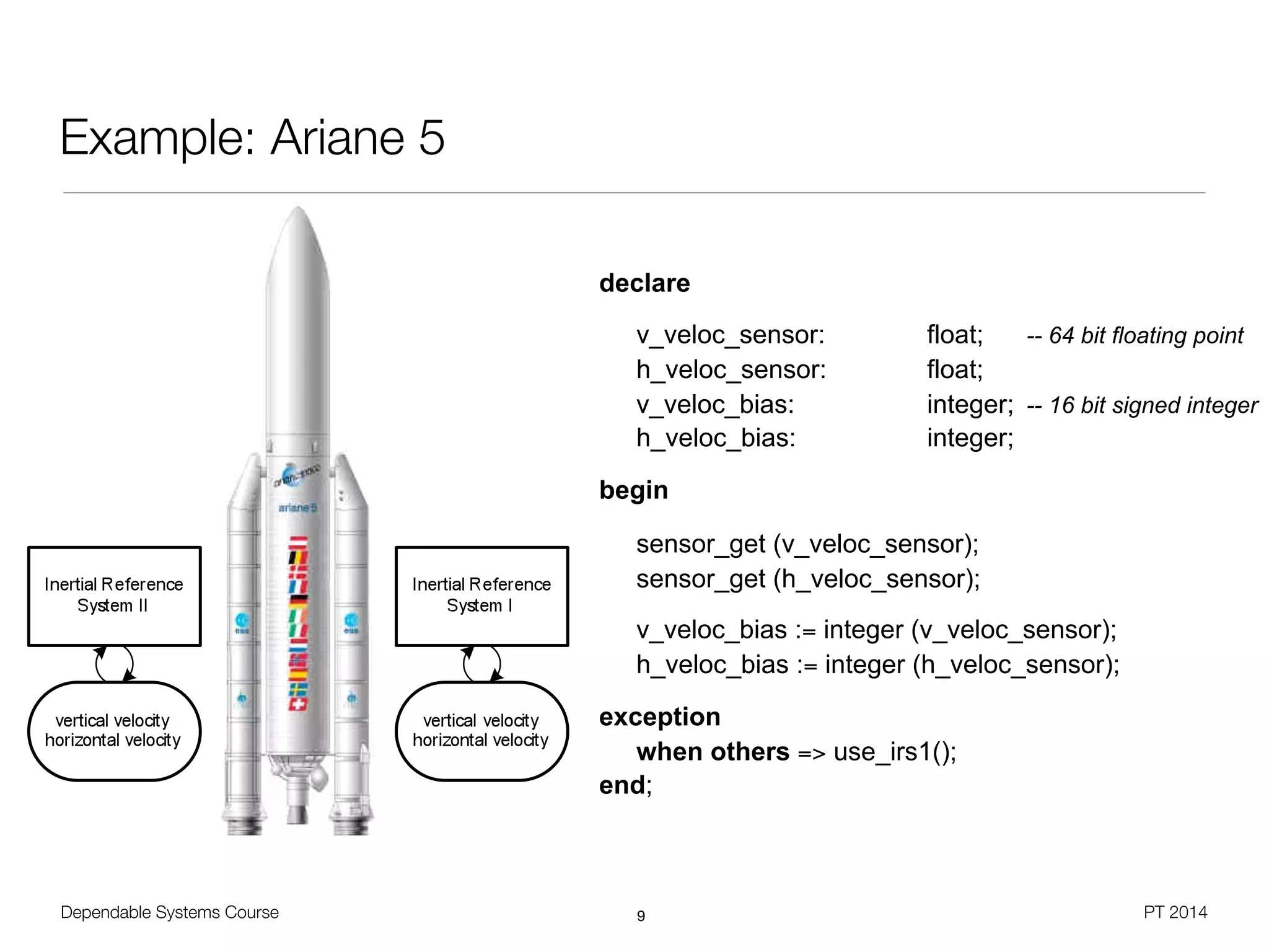 declare
v_veloc_sensor: float; -- 64 bit floating point
h_veloc_sensor: float;
v_veloc_bias: integer; -- 16 bit signed integer
h_veloc_bias: integer;
begin
sensor_get (v_veloc_sensor);
sensor_get (h_veloc_sensor);
v_veloc_bias := integer (v_veloc_sensor);
h_veloc_bias := integer (h_veloc_sensor);
exception
when others => use_irs1();
end;
Dependable Systems Course PT 2014
Example: Ariane 5
9
 