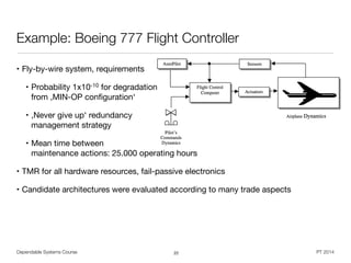 Dependable Systems Course PT 2014
Example: Boeing 777 Flight Controller
22
• Fly-by-wire system, requirements

• Probability 1x10-10 for degradation  
from ,MIN-OP conﬁguration‘

• ,Never give up‘ redundancy  
management strategy

• Mean time between  
maintenance actions: 25.000 operating hours

• TMR for all hardware resources, fail-passive electronics

• Candidate architectures were evaluated according to many trade aspects
 