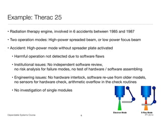Dependable Systems Course PT 2014
Example: Therac 25
• Radiation therapy engine, involved in 6 accidents between 1985 and 1987

• Two operation modes: High-power spreaded beam, or low power focus beam

• Accident: High-power mode without spreader plate activated

• Harmful operation not detected due to software ﬂaws

• Institutional issues: No independent software review,  
no risk analysis for failure modes, no test of hardware / software assembling

• Engineering issues: No hardware interlock, software re-use from older models,  
no sensors for hardware check, arithmetic overﬂow in the check routines

• No investigation of single modules
6
 