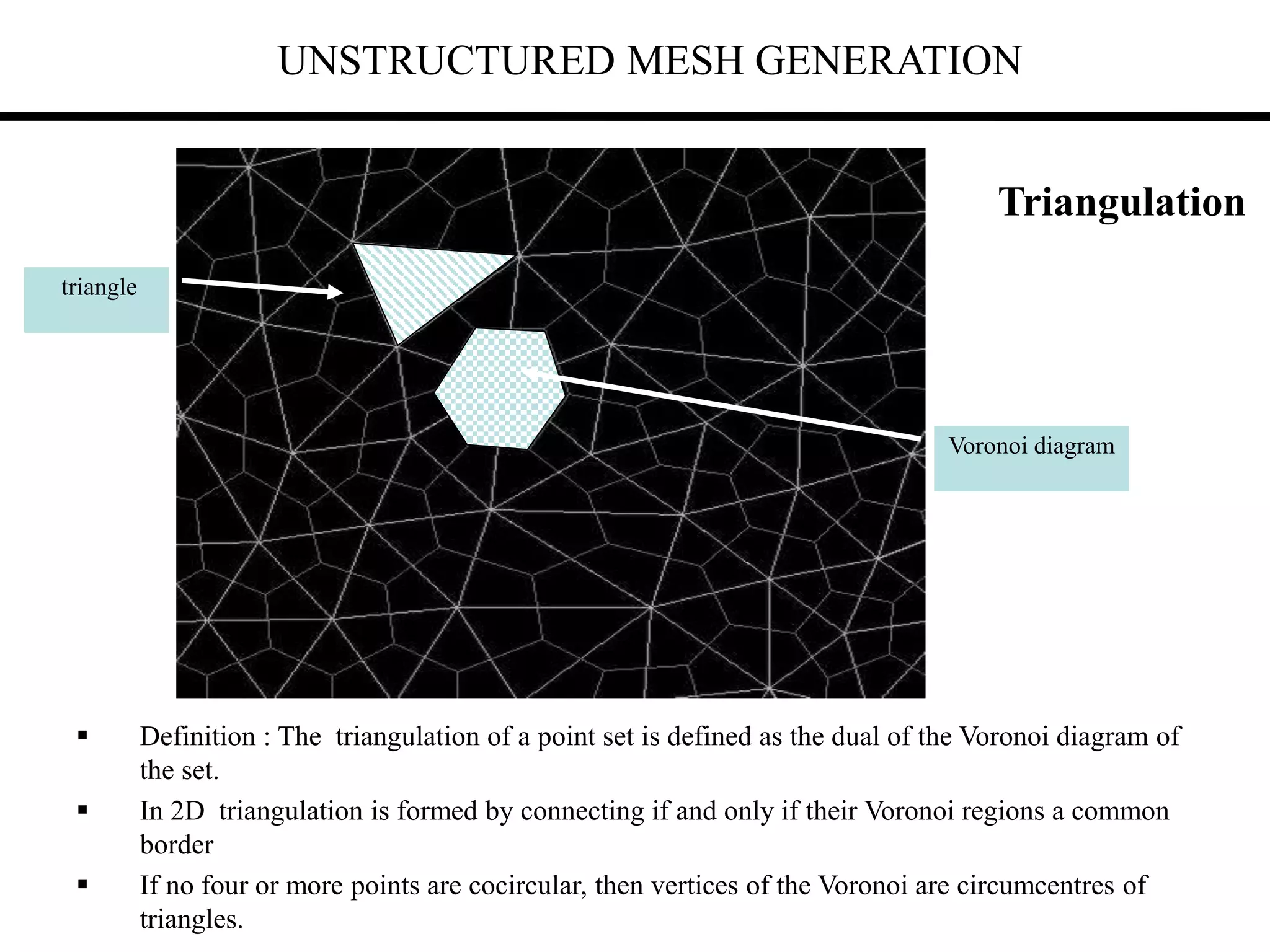 UNSTRUCTURED MESH GENERATION
Triangulation
 Definition : The triangulation of a point set is defined as the dual of the Voronoi diagram of
the set.
 In 2D triangulation is formed by connecting if and only if their Voronoi regions a common
border
 If no four or more points are cocircular, then vertices of the Voronoi are circumcentres of
triangles.
triangle
Voronoi diagram
 