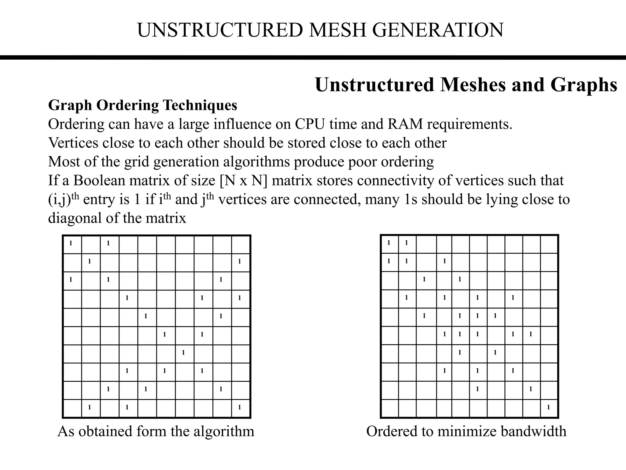 UNSTRUCTURED MESH GENERATION
Graph Ordering Techniques
Ordering can have a large influence on CPU time and RAM requirements.
Vertices close to each other should be stored close to each other
Most of the grid generation algorithms produce poor ordering
If a Boolean matrix of size [N x N] matrix stores connectivity of vertices such that
(i,j)th entry is 1 if ith and jth vertices are connected, many 1s should be lying close to
diagonal of the matrix
1 1
1 1
1 1 1
1 1 1
1 1
1 1
1
1 1 1
1 1 1
1 1 1
1 1
1 1 1
1 1
1 1 1 1
1 1 1 1
1 1 1 1 1
1 1
1 1 1
1 1
1
Ordered to minimize bandwidth
As obtained form the algorithm
Unstructured Meshes and Graphs
 