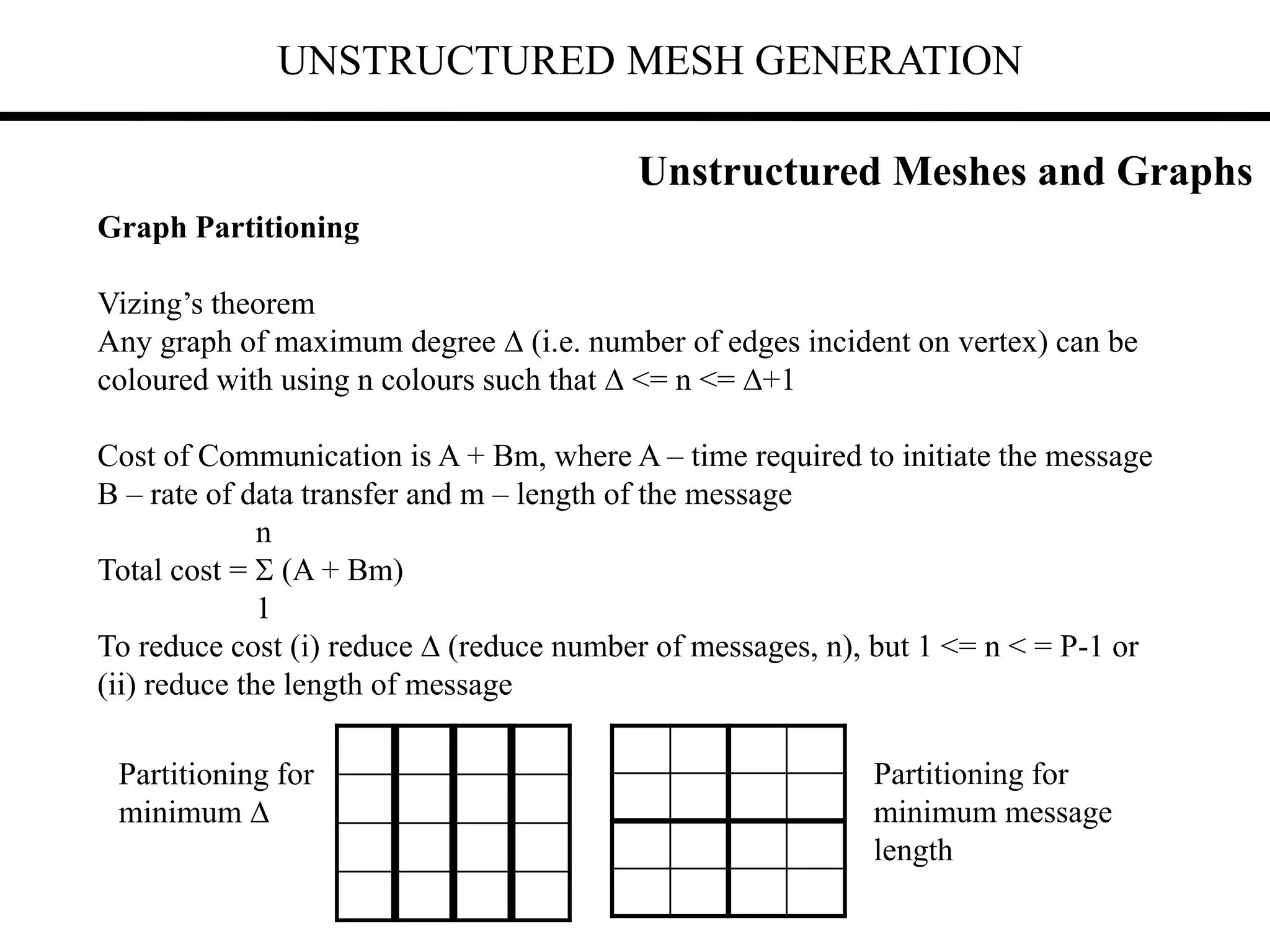 UNSTRUCTURED MESH GENERATION
Graph Partitioning
Vizing’s theorem
Any graph of maximum degree  (i.e. number of edges incident on vertex) can be
coloured with using n colours such that  <= n <= +1
Cost of Communication is A + Bm, where A – time required to initiate the message
B – rate of data transfer and m – length of the message
n
Total cost =  (A + Bm)
1
To reduce cost (i) reduce  (reduce number of messages, n), but 1 <= n < = P-1 or
(ii) reduce the length of message
Partitioning for
minimum 
Partitioning for
minimum message
length
Unstructured Meshes and Graphs
 