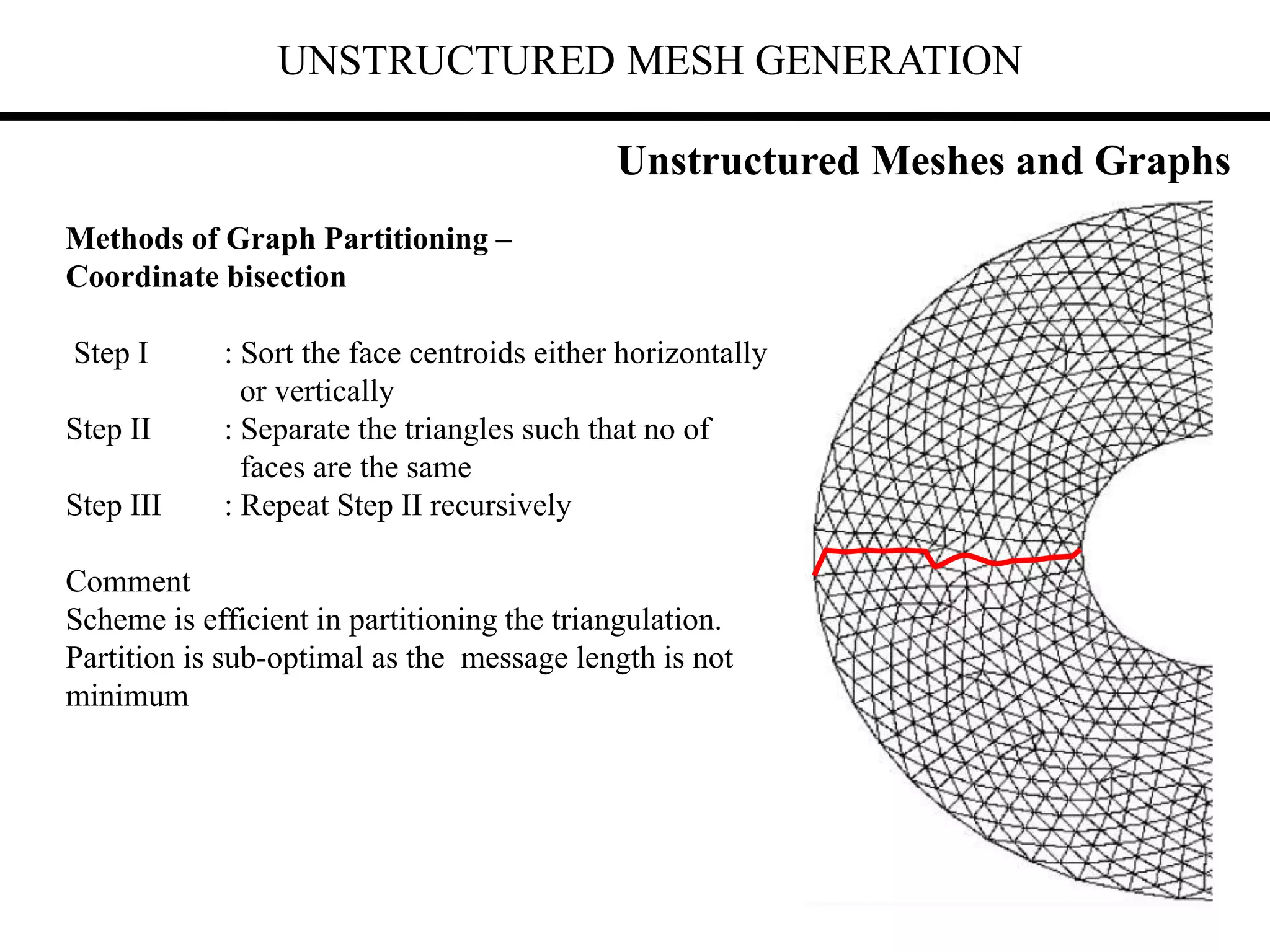 UNSTRUCTURED MESH GENERATION
Methods of Graph Partitioning –
Coordinate bisection
Step I : Sort the face centroids either horizontally
or vertically
Step II : Separate the triangles such that no of
faces are the same
Step III : Repeat Step II recursively
Comment
Scheme is efficient in partitioning the triangulation.
Partition is sub-optimal as the message length is not
minimum
Unstructured Meshes and Graphs
 