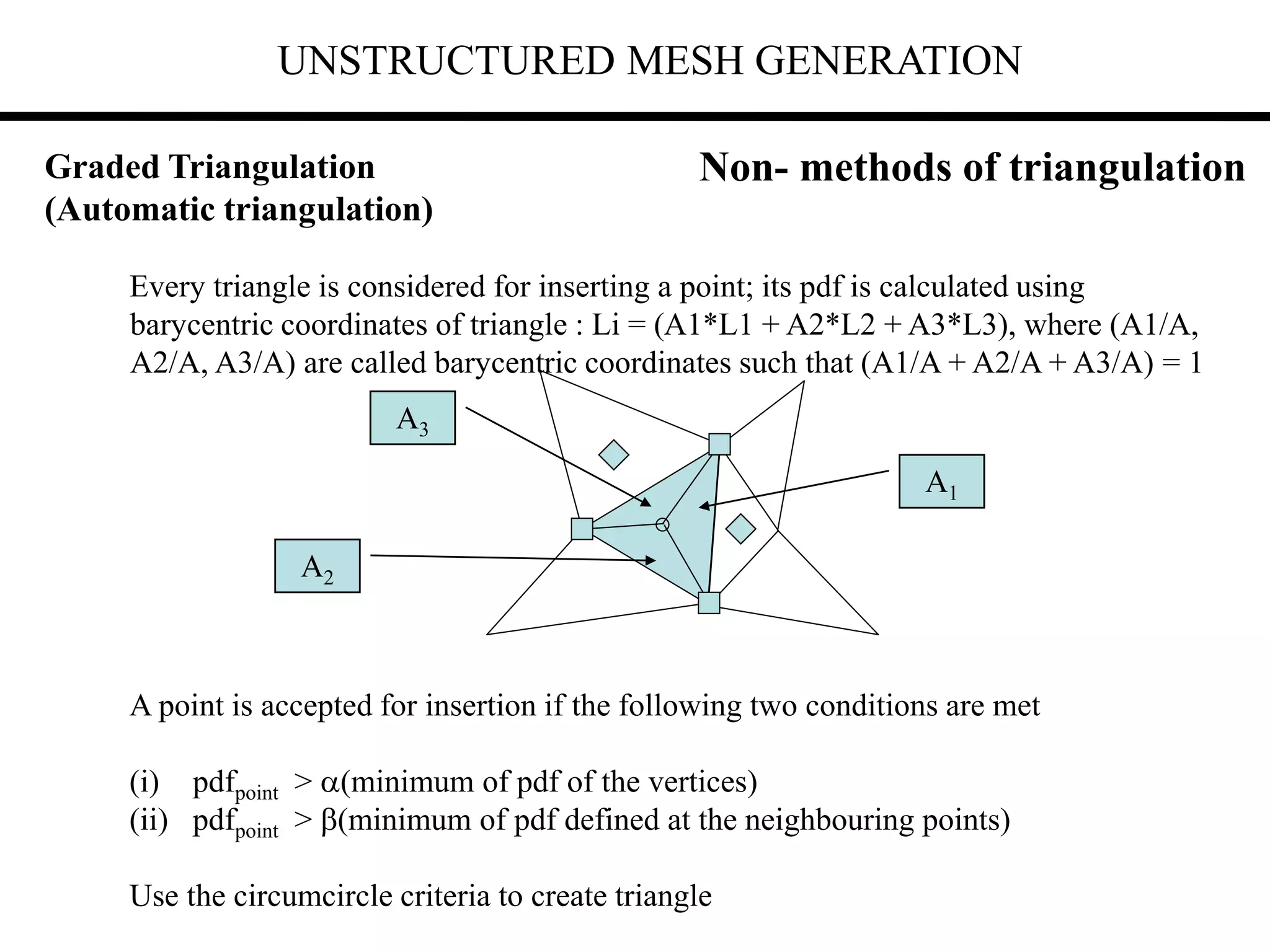 UNSTRUCTURED MESH GENERATION
Every triangle is considered for inserting a point; its pdf is calculated using
barycentric coordinates of triangle : Li = (A1*L1 + A2*L2 + A3*L3), where (A1/A,
A2/A, A3/A) are called barycentric coordinates such that (A1/A + A2/A + A3/A) = 1
A point is accepted for insertion if the following two conditions are met
(i) pdfpoint > (minimum of pdf of the vertices)
(ii) pdfpoint > (minimum of pdf defined at the neighbouring points)
Use the circumcircle criteria to create triangle
A1
A3
A2
Non- methods of triangulation
Graded Triangulation
(Automatic triangulation)
 