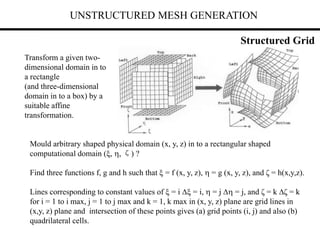 UNSTRUCTURED MESH GENERATION
Transform a given two-
dimensional domain in to
a rectangle
(and three-dimensional
domain in to a box) by a
suitable affine
transformation.
Structured Grid
Mould arbitrary shaped physical domain (x, y, z) in to a rectangular shaped
computational domain (, , ζ) ?
Find three functions f, g and h such that  = f (x, y, z),  = g (x, y, z), and ζ = h(x,y,z).
Lines corresponding to constant values of  = i  = i,  = j  = j, and ζ = k ζ = k
for i = 1 to i max, j = 1 to j max and k = 1, k max in (x, y, z) plane are grid lines in
(x,y, z) plane and intersection of these points gives (a) grid points (i, j) and also (b)
quadrilateral cells.
 = f (x, y) and
 = g (x, y).
 