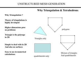 UNSTRUCTURED MESH GENERATION
Why Triangulation ?
Triangles only
quadrilaterals only
polygons
Mixture of triangles
And quadrilaterals
Theory of triagulations is
highly developed
Higher dimensions pose
no problems
Triangle is the polytope
in 2D
Simple to deal with in 2D
And also on surfaces
Easy to use in numerical
calculations
Why Triangulation & Tetrahedrons
 