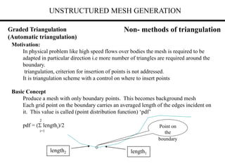 UNSTRUCTURED MESH GENERATION
Motivation:
In physical problem like high speed flows over bodies the mesh is required to be
adapted in particular direction i.e more number of triangles are required around the
boundary.
triangulation, criterion for insertion of points is not addressed.
It is triangulation scheme with a control on where to insert points
Basic Concept
Produce a mesh with only boundary points. This becomes background mesh
Each grid point on the boundary carries an averaged length of the edges incident on
it. This value is called (point distribution function) ‘pdf’
2
pdf = ( lengthi)/2
i=1
Non- methods of triangulation
Point on
the
boundary
length1
length2
Graded Triangulation
(Automatic triangulation)
 