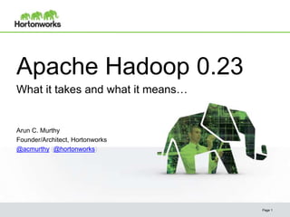 Apache Hadoop 0.23
What it takes and what it means…
Page 1
Arun C. Murthy
Founder/Architect, Hortonworks
@acmurthy (@hortonworks)
 