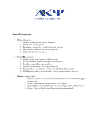 List of Prodromes
• Hazing Allegation
1. Meeting with Brothers regarding allegation
2. Details from email discussed
3. Developed a strategy for every brother to be together
4. Discussed the procedure for the investigations
5. Talked about the consequences
• Sexual Harassment
1. Pledge told the Vice President of Membership
2. Vice President of Membership notified the President
3. President contacted the chapter advisor
4. Chapter advisor notified the Regional Director
5. Regional office contacted that brother accused of sexual harassment
6. Final Decision made by regional office: Brother suspended from fraternity
• Member Incarcerated
1. President followed the chain of command and received all orders from upper
management.
2. Chapter adhered to the instructions via the President
3. Regional Director emailed President the following guidelines and statements
4. Chapter followed the Regional Directors instructions carefully
 