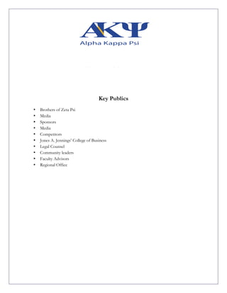 Key Publics
	
• Brothers of Zeta Psi
• Media
• Sponsors
• Media
• Competitors
• Jones A. Jennings’ College of Business
• Legal Counsel
• Community leaders
• Faculty Advisors
• Regional Office
 