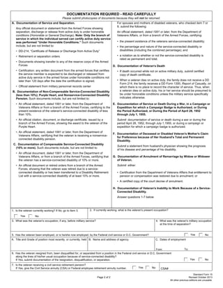 Page 2 of 2
DOCUMENTATION REQUIRED - READ CAREFULLY
Please submit photocopies of documents because they will not be returned.
A. Documentation of Service and Separation.
Any official document or statement from the Armed Forces showing
separation, discharge or release from active duty is under honorable
conditions (Honorable or General Discharge). Note: Only the branch of
service in which the individual served can certify active duty service
was performed “Under Honorable Conditions.” Such documents
include, but are not limited to:
• DD-214, “Certificate of Release or Discharge from Active Duty”
• Retirement or separation orders
• Documents showing transfer to any of the reserve corps of the Armed
Forces
• Certification: any written document from the armed forces that certifies
the service member is expected to be discharged or released from
active duty service in the armed forces under honorable conditions not
later than 120 days after the date the certification is signed.
• Official statement from military personnel records center
B. Documentation of Non-Compensable Service-Connected Disability
(less than 10%); Purple Heart, and Nonservice-Connected Disability
Pension. Such documents include, but are not limited to:
• An official statement, dated 1991 or later, from the Department of
Veterans Affairs or from a branch of the Armed Forces, certifying to the
present existence of the veteran's service-connected disability of less
than 10%.
• An official citation, document, or discharge certificate, issued by a
branch of the Armed Forces, showing the award to the veteran of the
Purple Heart.
•. An official statement, dated 1991 or later, from the Department of
Veterans Affairs, certifying that the veteran is receiving a nonservice-
connected disability pension.
C. Documentation of Compensable Service-Connected Disability
(10% or more). Such documents include, but are not limited to:
• An official document, dated 1991 or later, from the Department of
Veterans Affairs, or from a branch of the Armed Forces, certifying that
the veteran has a service-connected disability of 10% or more.
• An official document or retired orders from a branch of the Armed
Forces, showing that the veteran was retired due to a service-
connected disability or has been transferred to a Disability Retirement
List with a service-connected disability of at least 10% or more.
For spouses and mothers of disabled veterans, who checked item 7 or
9, submit the following:
An official statement, dated 1991 or later, from the Department of
Veterans Affairs, or from a branch of the Armed Forces, certifying:
• the present existence of the veterans service-connected disability;
• the percentage and nature of the service-connected disability or
disabilities (including the combined percentage); and
• a notation as to whether or not the service-connected disability is
rated as permanent and total.
D. Documentation of Veteran's Death
• If death occurred while not on active military duty, submit certified
copy of death certificate.
• When a veteran dies on active duty, the family does not receive a DD
Form 214; the family receives a DD Form 1300, Report of Casualty, on
which there is no place to record the character of service. Thus, when
a veteran dies on active duty, his or her service should be presumed to
be under honorable conditions unless the military service specifically
indicates otherwise.
E. Documentation of Service or Death During a War, in a Campaign or
Expedition for which a Campaign Badge is Authorized, or During
the Period Authorized, or During the Period of April 28, 1952
through July 1, 1955.
Submit documentation of service or death during a war or during the
period April 28, 1952, through July 1,1955, or during a campaign or
expedition for which a campaign badge is authorized.
F. Documentation of Deceased or Disabled Veteran's Mother's Claim
for Preference because of Her Husband's Total and Permanent
Disability.
Submit a statement from husband's physician showing the prognosis
of his disease and percentage of his disability.
G. Documentation of Annulment of Remarriage by Widow or Widower
of Veteran.
Submit either:
• Certification from the Department of Veterans Affairs that entitlement to
pension or compensation was restored due to annulment; or
• A certified copy of the court decree of annulment.
H. Documentation of Veteran's Inability to Work Because of a Service-
Connected Disability.
Answer questions 1-7 below:
1. Is the veteran currently working? If No, go to Item 3. 2. If currently working, what is the veteran's present occupation?
Yes No
3. What was the veteran's occupation, if any, before military service? 4. What was the veteran's military occupation
at the time of separation?
5. Has the veteran been employed, or is he/she now employed, by the Federal civil service or D.C. Government? Yes No
A. Title and Grade of position most recently, or currently, held B. Name and address of agency C. Dates of employment
From: To:
6. Has the veteran resigned from, been disqualified for, or separated from a position in the Federal civil service or D.C. Government
along the lines of his/her usual occupation because of service-connected disability?
If Yes, submit documentation of the resignation, disqualification, or separation. Yes No
7. Is the veteran receiving a civil service retirement pension?
If Yes, give the Civil Service annuity (CSA) or Federal employee retirement annuity number. Yes No CSA#
Standard Form 15
Revised October 2013
All other previous editions are unusable.
✔
✔
✔
✔
 