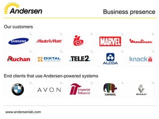 www.andersenlab.com
Business presence
Our customers
End clients that use Andersen-powered systems
 