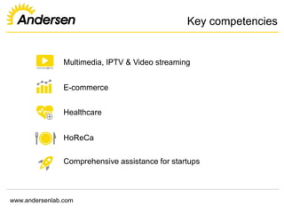 www.andersenlab.com
Key competencies
Multimedia, IPTV & Video streaming
E-commerce
Healthcare
HoReCa
Comprehensive assistance for startups
 