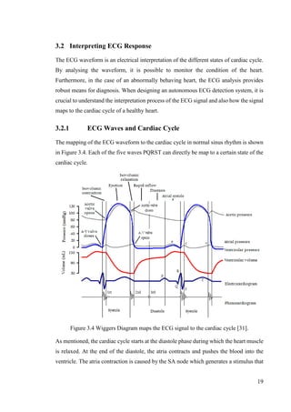 19
3.2 Interpreting ECG Response
The ECG waveform is an electrical interpretation of the different states of cardiac cycle.
By analysing the waveform, it is possible to monitor the condition of the heart.
Furthermore, in the case of an abnormally behaving heart, the ECG analysis provides
robust means for diagnosis. When designing an autonomous ECG detection system, it is
crucial to understand the interpretation process of the ECG signal and also how the signal
maps to the cardiac cycle of a healthy heart.
3.2.1 ECG Waves and Cardiac Cycle
The mapping of the ECG waveform to the cardiac cycle in normal sinus rhythm is shown
in Figure 3.4. Each of the five waves PQRST can directly be map to a certain state of the
cardiac cycle.
Figure 3.4 Wiggers Diagram maps the ECG signal to the cardiac cycle [31].
As mentioned, the cardiac cycle starts at the diastole phase during which the heart muscle
is relaxed. At the end of the diastole, the atria contracts and pushes the blood into the
ventricle. The atria contraction is caused by the SA node which generates a stimulus that
 