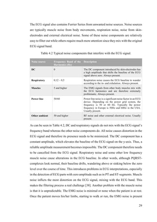 29
The ECG signal also contains Furrier Series from unwanted noise sources. Noise sources
are typically muscle noise from body movements, respiration noise, noise from skin-
electrodes and external electrical noise. Some of these noise components are relatively
easy to filter out while others require much more attention since they mix with the original
ECG signal band.
Table 4.2 Typical noise components that interfere with the ECG signal.
Noise source Frequency Band of the
Harmonics (Hz)
Description
DC 0 The DC component introduced by skin-electrodes has
a high amplitude that shifts the baseline of the ECG
signal above zero. Always present.
Respiratory 0,12 – 0,5 Respiration noise causes the ECG baseline to wander
according to the in- and exhalation. Always present.
Muscles 5 and higher The EMG signals from other body muscles mix with
the ECG harmonics and are therefore extremely
problematic. Always present.
Power line 50/60 Power line noise is a significant noise factor in an ECG
device. Depending on the power grid system, the
frequency is 50 or 60 Hz. Typically the power
frequency in Europe is 50Hz and 60Hz in the USA.
Usually present.
Other ambient 50 and higher RF noise and other external electrical noise. Usually
present.
As can be seen in Table 4.2, DC and respiratory signals do not mix with the ECG signal’s
frequency band whereas the other noise components do. All noise causes distortion in the
ECG signal and therefore its presence needs to be minimized. The DC component has a
constant amplitude, which elevates the baseline of the ECG signal on the y-axis. Thus, a
reliable amplitude measurement becomes impossible. The DC component therefore needs
to be cancelled from the ECG signal. Respiratory noise and some other low frequency
muscle noise cause alterations in the ECG baseline. In other words, although PQRST-
complexes look normal, their baseline drifts, wandering above or sinking below the zero
level over the course of time. This introduces problems in ECG interpretations, especially
in the detection of ECG parts with zero amplitude such as in PT and ST-segments. Muscle
noise inflicts the most distortion on the ECG signal, mixing with the ECG band. This
makes the filtering process a real challenge [38]. Another problem with the muscle noise
is that it is unpredictable. The EMG noise is minimal or none when the patient is at rest.
Once the patient moves his/her limbs, starting to walk or run, the EMG noise is present
 
