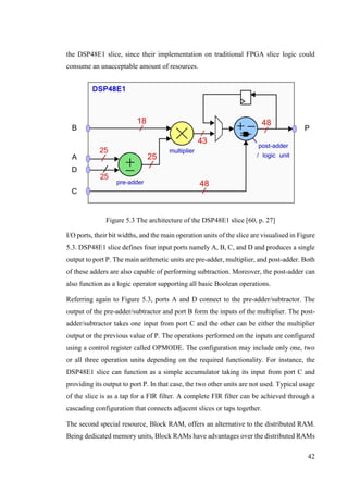 42
the DSP48E1 slice, since their implementation on traditional FPGA slice logic could
consume an unacceptable amount of resources.
Figure 5.3 The architecture of the DSP48E1 slice [60, p. 27]
I/O ports, their bit widths, and the main operation units of the slice are visualised in Figure
5.3. DSP48E1 slice defines four input ports namely A, B, C, and D and produces a single
output to port P. The main arithmetic units are pre-adder, multiplier, and post-adder. Both
of these adders are also capable of performing subtraction. Moreover, the post-adder can
also function as a logic operator supporting all basic Boolean operations.
Referring again to Figure 5.3, ports A and D connect to the pre-adder/subtractor. The
output of the pre-adder/subtractor and port B form the inputs of the multiplier. The post-
adder/subtractor takes one input from port C and the other can be either the multiplier
output or the previous value of P. The operations performed on the inputs are configured
using a control register called OPMODE. The configuration may include only one, two
or all three operation units depending on the required functionality. For instance, the
DSP48E1 slice can function as a simple accumulator taking its input from port C and
providing its output to port P. In that case, the two other units are not used. Typical usage
of the slice is as a tap for a FIR filter. A complete FIR filter can be achieved through a
cascading configuration that connects adjacent slices or taps together.
The second special resource, Block RAM, offers an alternative to the distributed RAM.
Being dedicated memory units, Block RAMs have advantages over the distributed RAMs
 