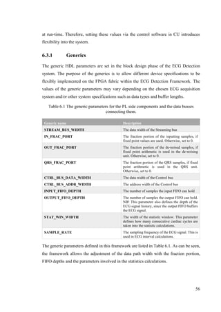 56
at run-time. Therefore, setting these values via the control software in CU introduces
flexibility into the system.
6.3.1 Generics
The generic HDL parameters are set in the block design phase of the ECG Detection
system. The purpose of the generics is to allow different device specifications to be
flexibly implemented on the FPGA fabric within the ECG Detection Framework. The
values of the generic parameters may vary depending on the chosen ECG acquisition
system and/or other system specifications such as data types and buffer lengths.
Table 6.1 The generic parameters for the PL side components and the data busses
connecting them.
Generic name Description
STREAM_BUS_WIDTH The data width of the Streaming bus
IN_FRAC_PORT The fraction portion of the inputting samples, if
fixed point values are used. Otherwise, set to 0.
OUT_FRAC_PORT The fraction portion of the de-noised samples, if
fixed point arithmetic is used in the de-noising
unit. Otherwise, set to 0.
QRS_FRAC_PORT The fraction portion of the QRS samples, if fixed
point arithmetic is used in the QRS unit.
Otherwise, set to 0.
CTRL_BUS_DATA_WIDTH The data width of the Control bus
CTRL_BUS_ADDR_WIDTH The address width of the Control bus
INPUT_FIFO_DEPTH The number of samples the input FIFO can hold
OUTPUT_FIFO_DEPTH The number of samples the output FIFO can hold.
NB! This parameter also defines the depth of the
ECG signal history, since the output FIFO buffers
the ECG signal.
STAT_WIN_WIDTH The width of the statistic window. This parameter
defines how many consecutive cardiac cycles are
taken into the statistic calculations.
SAMPLE_RATE The sampling frequency of the ECG signal. This is
used in ECG interval calculations.
The generic parameters defined in this framework are listed in Table 6.1. As can be seen,
the framework allows the adjustment of the data path width with the fraction portion,
FIFO depths and the parameters involved in the statistics calculations.
 