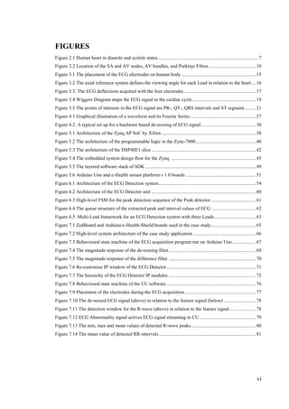vi
FIGURES
Figure 2.1 Human heart in diastole and systole states..................................................................................7
Figure 2.2 Location of the SA and AV nodes, AV bundles, and Purkinje Fibres ......................................10
Figure 3.1 The placement of the ECG electrodes on human body............................................................. 15
Figure 3.2 The axial reference system defines the viewing angle for each Lead in relation to the heart ...16
Figure 3.3. The ECG deflections acquired with the four electrodes .......................................................... 17
Figure 3.4 Wiggers Diagram maps the ECG signal to the cardiac cycle....................................................19
Figure 3.5 The points of interests in the ECG signal are PR-, QT-, QRS intervals and ST segment.........21
Figure 4.1 Graphical illustration of a waveform and its Fourier Series .....................................................27
Figure 4.2. A typical set up for a hardware based de-noising of ECG signal.............................................30
Figure 5.1 Architecture of the Zynq AP SoC by Xilinx.............................................................................38
Figure 5.2 The architecture of the programmable logic in the Zync-7000.................................................40
Figure 5.3 The architecture of the DSP48E1 slice .....................................................................................42
Figure 5.4 The embedded system design flow for the Zynq. .....................................................................45
Figure 5.5 The layered software stack of SDK .......................................................................................... 49
Figure 5.6 Arduino Uno and e-Health sensor platform v 1.0 boards ......................................................... 51
Figure 6.1 Architecture of the ECG Detection system...............................................................................54
Figure 6.2 Architecture of the ECG Detector unit .....................................................................................60
Figure 6.3 High-level FSM for the peak detection sequence of the Peak detector.....................................61
Figure 6.4 The queue structure of the extracted peak and interval values of ECG ....................................62
Figure 6.5. Multi-Lead framework for an ECG Detection system with three Leads..................................63
Figure 7.1 ZedBoard and Arduino/e-Health-Shield boards used in the case study....................................65
Figure 7.2 High-level system architecture of the case study application ...................................................66
Figure 7.3 Behavioural state machine of the ECG acquisition program run on Arduino Uno...................67
Figure 7.4 The magnitude response of the de-noising filter.......................................................................69
Figure 7.5 The magnitude response of the difference filter .......................................................................70
Figure 7.6 Re-customise IP window of the ECG Detector.........................................................................71
Figure 7.7 The hierarchy of the ECG Detector IP modules .......................................................................72
Figure 7.8 Behavioural state machine of the CU software.........................................................................76
Figure 7.9 Placement of the electrodes during the ECG acquisition .......................................................... 77
Figure 7.10 The de-noised ECG signal (above) in relation to the feature signal (below) .......................... 78
Figure 7.11 The detection window for the R-wave (above) in relation to the feature signal .....................78
Figure 7.12 ECG Abnormality signal actives ECG signal streaming in CU..............................................79
Figure 7.13 The min, max and mean values of detected R-wave peaks.....................................................80
Figure 7.14 The mean value of detected RR-intervals ...............................................................................81
 