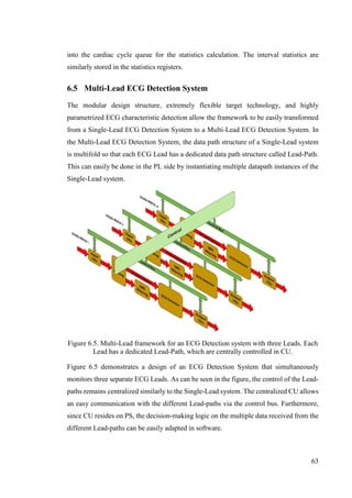 63
into the cardiac cycle queue for the statistics calculation. The interval statistics are
similarly stored in the statistics registers.
6.5 Multi-Lead ECG Detection System
The modular design structure, extremely flexible target technology, and highly
parametrized ECG characteristic detection allow the framework to be easily transformed
from a Single-Lead ECG Detection System to a Multi-Lead ECG Detection System. In
the Multi-Lead ECG Detection System, the data path structure of a Single-Lead system
is multifold so that each ECG Lead has a dedicated data path structure called Lead-Path.
This can easily be done in the PL side by instantiating multiple datapath instances of the
Single-Lead system.
Figure 6.5. Multi-Lead framework for an ECG Detection system with three Leads. Each
Lead has a dedicated Lead-Path, which are centrally controlled in CU.
Figure 6.5 demonstrates a design of an ECG Detection System that simultaneously
monitors three separate ECG Leads. As can be seen in the figure, the control of the Lead-
paths remains centralized similarly to the Single-Lead system. The centralized CU allows
an easy communication with the different Lead-paths via the control bus. Furthermore,
since CU resides on PS, the decision-making logic on the multiple data received from the
different Lead-paths can be easily adapted in software.
 