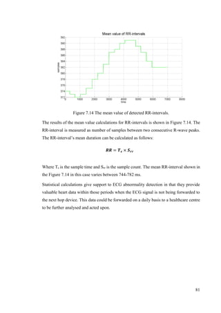81
Figure 7.14 The mean value of detected RR-intervals.
The results of the mean value calculations for RR-intervals is shown in Figure 7.14. The
RR-interval is measured as number of samples between two consecutive R-wave peaks.
The RR-interval’s mean duration can be calculated as follows:
𝑹𝑹 = 𝑻 𝒔 × 𝑺 𝒓𝒓
Where Ts is the sample time and Srr is the sample count. The mean RR-interval shown in
the Figure 7.14 in this case varies between 744-782 ms.
Statistical calculations give support to ECG abnormality detection in that they provide
valuable heart data within those periods when the ECG signal is not being forwarded to
the next hop device. This data could be forwarded on a daily basis to a healthcare centre
to be further analysed and acted upon.
 
