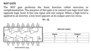 NOT GATE
The NOT gate performs the basic function called inversion or
complementation. The purpose of this gate is to convert one logic level into
opposite logic level. It has one input and one output. When a high level is
applied to an inverter, a low level appears at its output and vice versa.
Y= -A.
 