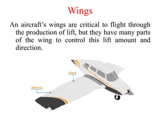 Wings
An aircraft’s wings are critical to flight through
the production of lift, but they have many parts
of the wing to control this lift amount and
direction.
 