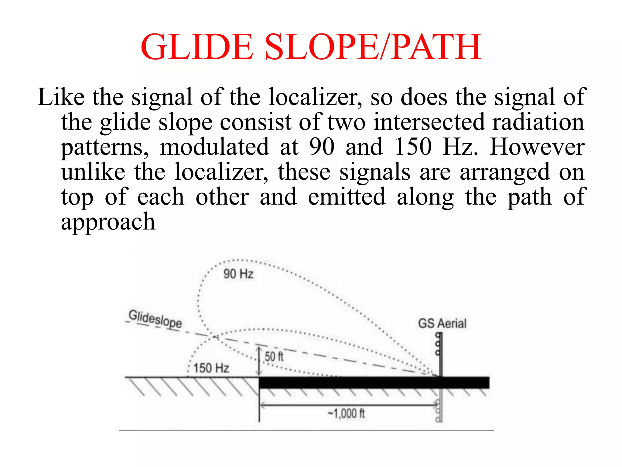 GLIDE SLOPE/PATH
Like the signal of the localizer, so does the signal of
the glide slope consist of two intersected radiation
patterns, modulated at 90 and 150 Hz. However
unlike the localizer, these signals are arranged on
top of each other and emitted along the path of
approach
 