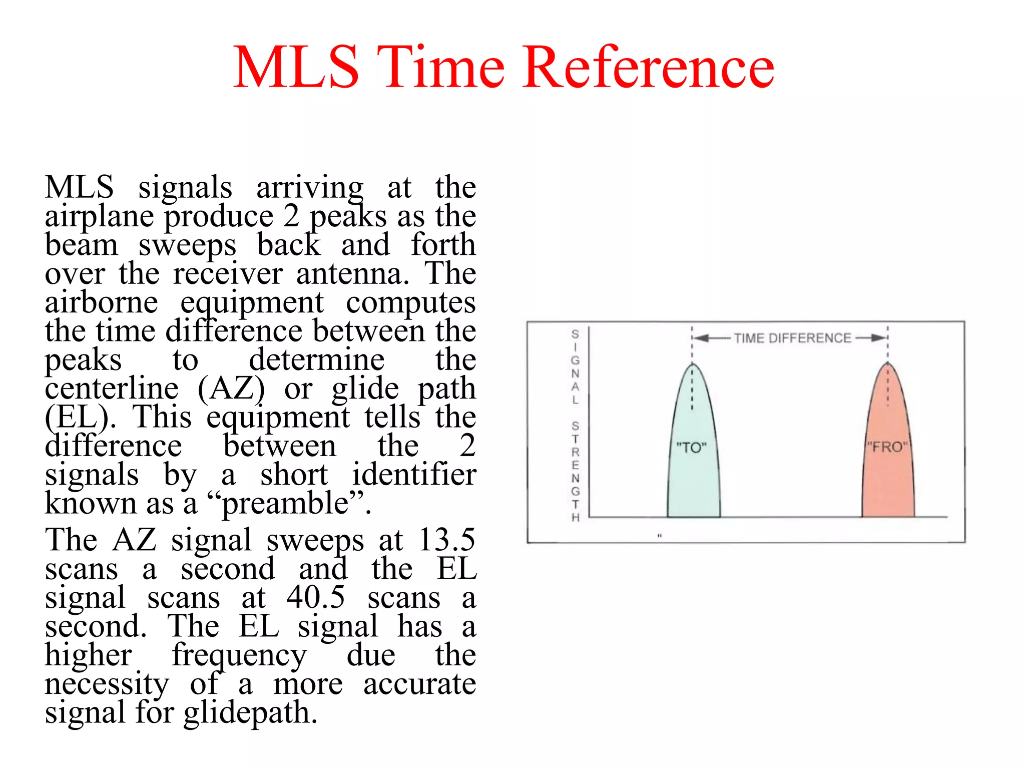MLS Time Reference
MLS signals arriving at the
airplane produce 2 peaks as the
beam sweeps back and forth
over the receiver antenna. The
airborne equipment computes
the time difference between the
peaks to determine the
centerline (AZ) or glide path
(EL). This equipment tells the
difference between the 2
signals by a short identifier
known as a “preamble”.
The AZ signal sweeps at 13.5
scans a second and the EL
signal scans at 40.5 scans a
second. The EL signal has a
higher frequency due the
necessity of a more accurate
signal for glidepath.
 