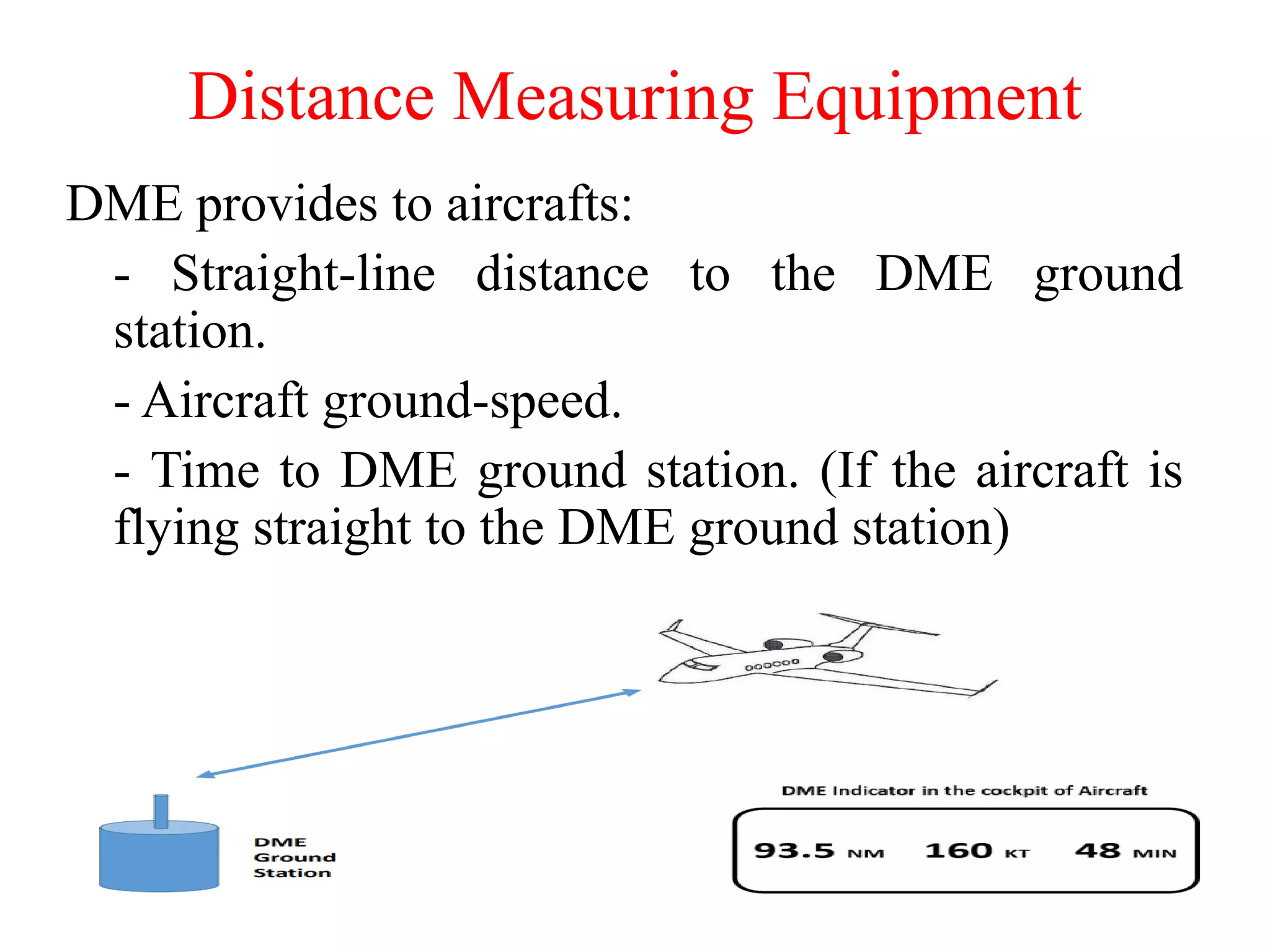 DME provides to aircrafts:
- Straight-line distance to the DME ground
station.
- Aircraft ground-speed.
- Time to DME ground station. (If the aircraft is
flying straight to the DME ground station)
Distance Measuring Equipment
 