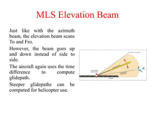 MLS Elevation Beam
Just like with the azimuth
beam, the elevation beam scans
To and Fro.
However, the beam goes up
and down instead of side to
side.
The aircraft again uses the time
difference to compute
glidepath.
Steeper glidepaths can be
computed for helicopter use.
 
