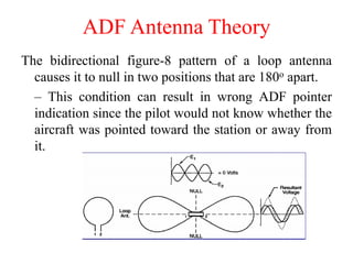 The bidirectional figure-8 pattern of a loop antenna
causes it to null in two positions that are 180o apart.
– This condition can result in wrong ADF pointer
indication since the pilot would not know whether the
aircraft was pointed toward the station or away from
it.
ADF Antenna Theory
 