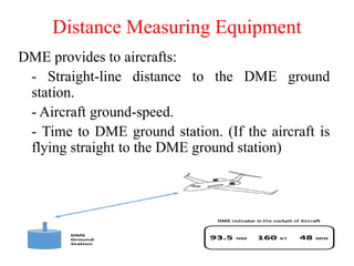 DME provides to aircrafts:
- Straight-line distance to the DME ground
station.
- Aircraft ground-speed.
- Time to DME ground station. (If the aircraft is
flying straight to the DME ground station)
Distance Measuring Equipment
 