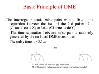 The Interrogator sends pulse pairs with a fixed time
separation between the 1st and the 2nd pulse: 12μs
(Channel code X) or 36μs (Channel code Y)
– The time separation between pulse pair is randomly
generated by the on board DME transmitter.
– The pulse time is ~3,5μs
Basic Principle of DME
 