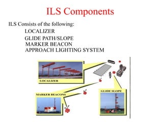 ILS Components
ILS Consists of the following:
LOCALIZER
GLIDE PATH/SLOPE
MARKER BEACON
APPROACH LIGHTING SYSTEM
 