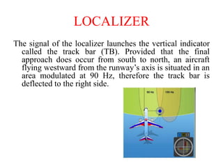 The signal of the localizer launches the vertical indicator
called the track bar (TB). Provided that the final
approach does occur from south to north, an aircraft
flying westward from the runway’s axis is situated in an
area modulated at 90 Hz, therefore the track bar is
deflected to the right side.
LOCALIZER
 
