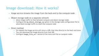 Image download: How it works?
● Image service streams the image from the back end to the compute node
● Object storage node on a separate network
● Allow image traffic to flow between compute and object storage nodes
● Configure the my_block_storage_ip option in the storage node configuration file to
allow block storage traffic to reach the compute node
● Direct method
● On request the Image service will return a URL that links directly to the back-end store
● You can download the image directly from that URL
● Configure image_file_url section of the nova.conf file on compute nodes
 