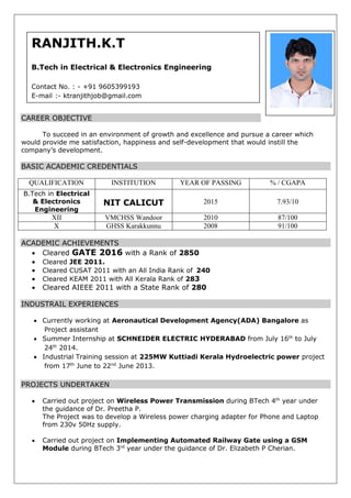 CAREER OBJECTIVE
To succeed in an environment of growth and excellence and pursue a career which
would provide me satisfaction, happiness and self-development that would instill the
company’s development.
BASIC ACADEMIC CREDENTIALS
QUALIFICATION INSTITUTION YEAR OF PASSING % / CGAPA
B.Tech in Electrical
& Electronics
Engineering
NIT CALICUT 2015 7.93/10
XII VMCHSS Wandoor 2010 87/100
X GHSS Karakkunnu 2008 91/100
ACADEMIC ACHIEVEMENTS
 Cleared GATE 2016 with a Rank of 2850
 Cleared JEE 2011.
 Cleared CUSAT 2011 with an All India Rank of 240
 Cleared KEAM 2011 with All Kerala Rank of 283
 Cleared AIEEE 2011 with a State Rank of 280
INDUSTRAIL EXPERIENCES
 Currently working at Aeronautical Development Agency(ADA) Bangalore as
Project assistant
 Summer Internship at SCHNEIDER ELECTRIC HYDERABAD from July 16th
to July
24th
2014.
 Industrial Training session at 225MW Kuttiadi Kerala Hydroelectric power project
from 17th
June to 22nd
June 2013.
PROJECTS UNDERTAKEN
 Carried out project on Wireless Power Transmission during BTech 4th
year under
the guidance of Dr. Preetha P.
The Project was to develop a Wireless power charging adapter for Phone and Laptop
from 230v 50Hz supply.
 Carried out project on Implementing Automated Railway Gate using a GSM
Module during BTech 3rd
year under the guidance of Dr. Elizabeth P Cherian.
RANJITH.K.T
B.Tech in Electrical & Electronics Engineering
Contact No. : - +91 9605399193
E-mail :- ktranjithjob@gmail.com
 