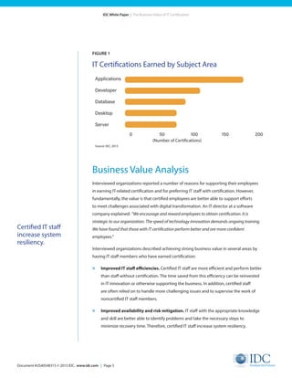Document #US40548315 © 2015 IDC. www.idc.com | Page 5
IDC White Paper | The Business Value of IT Certification
FIGURE 1
IT Certifications Earned by Subject Area
Business Value Analysis
Interviewed organizations reported a number of reasons for supporting their employees
in earning IT-related certification and for preferring IT staff with certification. However,
fundamentally, the value is that certified employees are better able to support efforts
to meet challenges associated with digital transformation. An IT director at a software
company explained: “We encourage and reward employees to obtain certification. It is
strategic to our organization. The speed of technology innovation demands ongoing training.
We have found that those with IT certification perform better and are more confident
employees.”
Interviewed organizations described achieving strong business value in several areas by
having IT staff members who have earned certification:
»	 Improved IT staff efficiencies. Certified IT staff are more efficient and perform better
than staff without certification. The time saved from this efficiency can be reinvested
in IT innovation or otherwise supporting the business. In addition, certified staff
are often relied on to handle more challenging issues and to supervise the work of
noncertified IT staff members.
»	 Improved availability and risk mitigation. IT staff with the appropriate knowledge
and skill are better able to identify problems and take the necessary steps to
minimize recovery time. Therefore, certified IT staff increase system resiliency.
Certified IT staff
increase system
resiliency.
Applications
Developer
Database
Desktop
Server
0 50 100 150 200
Source: IDC, 2015
(Number of Certifications)
 