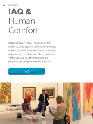 IAQ &
Human
Comfort
Indoor air quality (IAQ) depends on the
building usage, applied ventilation solutions,
building location, construction methods and
materials, and outdoor conditions. Adequate
ventilation and healthy structures are
prerequisites for good indoor air quality.
IAQ
MEASURE
 