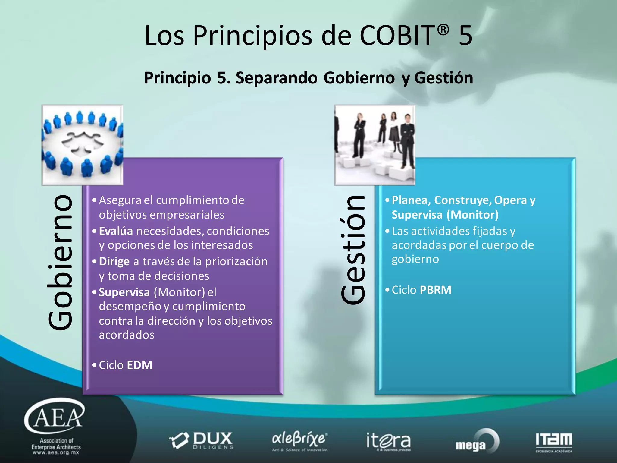 Los Principios de COBIT® 5
                     Principio 5. Separando Gobierno y Gestión




                                                  Gestión
Gobierno


           •Asegura el cumplimiento de                      •Planea, Construye, Opera y
            objetivos empresariales                          Supervisa (Monitor)
           •Evalúa necesidades, condiciones                 •Las actividades fijadas y
            y opciones de los interesados                    acordadas por el cuerpo de
           •Dirige a través de la priorización               gobierno
            y toma de decisiones
           •Supervisa (Monitor) el                          •Ciclo PBRM
            desempeño y cumplimiento
            contra la dirección y los objetivos
            acordados

           •Ciclo EDM
 